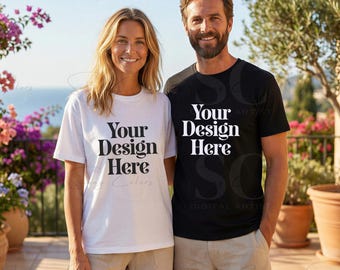 T-Shirt Mockup Couple | European Summer Mockup | White & Black T-Shirt Mockup | Vacation Lifestyle Mockup | Travel Shirt Mockup