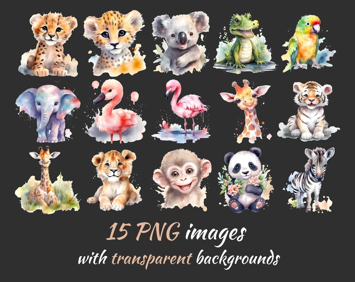 Baby Animals Clipart PNG Bundle - 15 Transparent Watercolor Animal ...