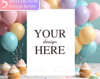 May include: A mockup bundle with a white card that says "YOUR design HERE" surrounded by pastel balloons and cupcakes. The top left corner has text that says "5 INVITATION Mockup Bundle". Confetti is scattered on the surface.