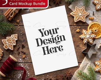 Christmas Card Mockup Bundle | 5x7 Holiday Invitation Mockup | Rustic Christmas Greeting Card | Winter Flat Lay JPG Mockups