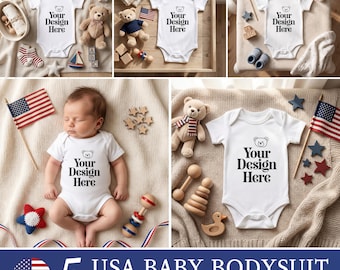 5x Baby Bodysuit Mockup | USA Patriotic Baby Onesie Mockup | White Baby Bodysuit JPG | 4th of July / American Flag Mockup | Print on Demand