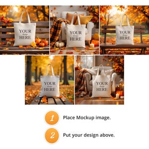 May include: A mockup image of a white tote bag with the text "YOUR design HERE" printed on the front. The bag is displayed in various autumn settings with pumpkins and fall foliage. The image is designed to showcase a design on a tote bag.