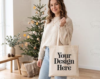 Christmas Tote Bag Mockup | Woman Holding Canvas Tote | Neutral Holiday Lifestyle Mockup | Minimal Xmas POD Mockup JPG