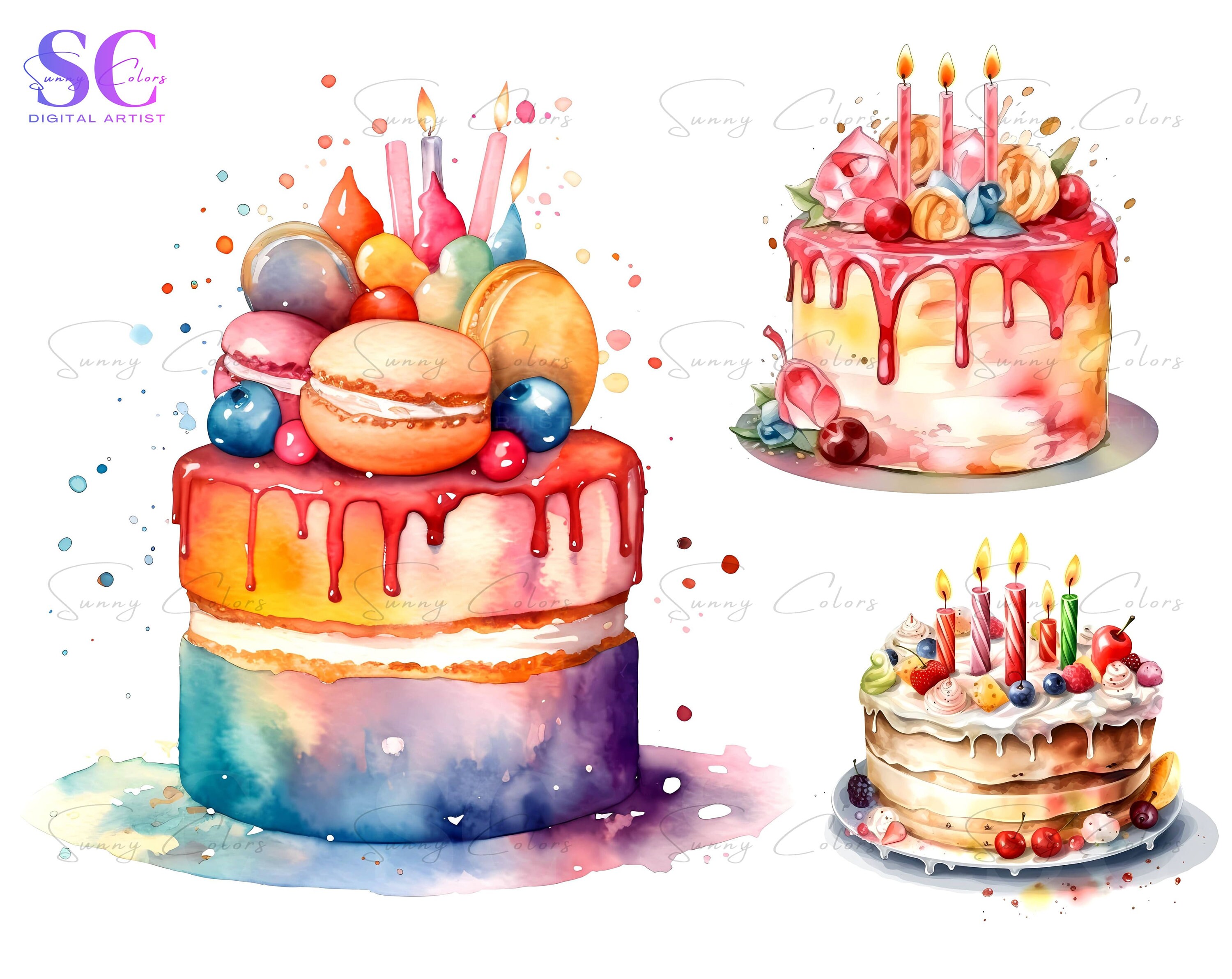 Watercolor Birthday Cakes Clipart Bundle, 15 High Quality Jpgs ...