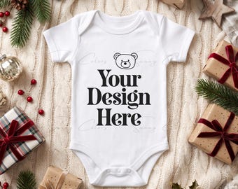 Christmas Baby Bodysuit Mockup | White Baby Onesie Mockup | Cozy Holiday Flat Lay | Baby's First Christmas Romper | POD Mockup JPG