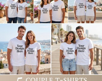 5x Couple T-Shirt Mockup Bundle | European Summer Mockups | White T-Shirt Mockups | Vacation Lifestyle Mockup | Travel Shirt Mockup