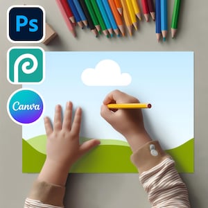 May include: A child's hand drawing a cloud with a yellow pencil on a blue sky background. The drawing is on a white paper with green hills at the bottom. Colored pencils are scattered at the top. Software logos for Photoshop and Canva are in the image.