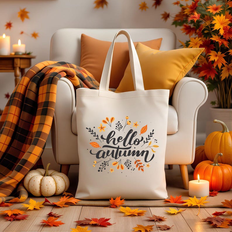 May include: A cream-colored tote bag with the words "hello autumn" in black script, surrounded by floral and leaf designs in orange and yellow. The bag is set against a cozy autumn scene with pumpkins, candles, and a plaid blanket.