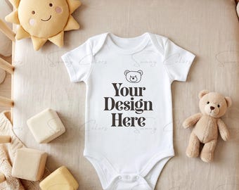White Baby Bodysuit Mockup | Baby Onesie Flat Lay | Print-Ready JPG | Boho Neutral Baby Mockup | POD Product Photo