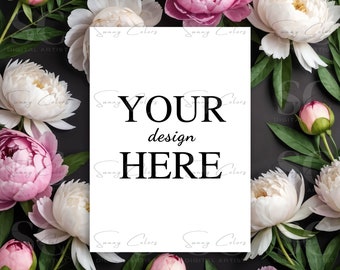 May include: A white card with the text "YOUR design HERE" surrounded by pink and white peonies on a black background.