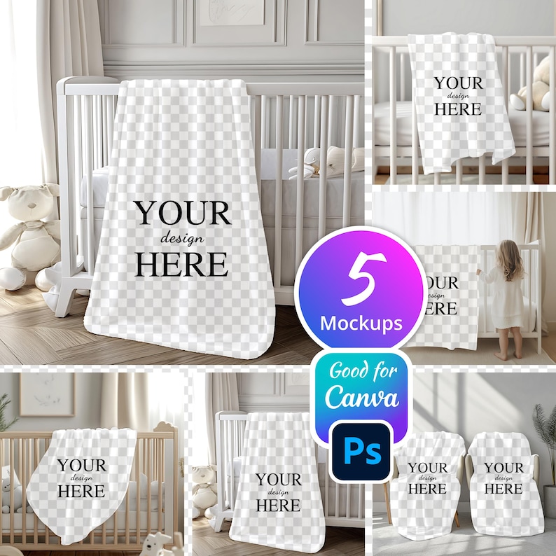 K&ouml;nnte beinhalten: F&uuml;nf Mockups einer wei&szlig;en Babydecke mit einem karierten Muster. Der Text "YOUR design HERE" ist auf jeder Decke gedruckt. Die Mockups zeigen die Decke in verschiedenen Umgebungen, darunter ein Kinderbett, ein Bett und ein Boden.