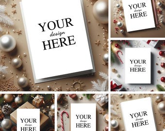May include: A collage of six images featuring blank greeting cards with the text "YOUR design HERE" on a festive background of gold, white, and red ornaments, snowflakes, and candy canes.