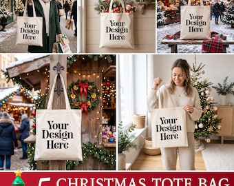 5 Christmas Tote Bag Mockups Bundle | Winter Holiday Canvas Tote | Woman Lifestyle Christmas Market | Xmas POD Mockups JPG