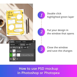 May include: A digital instructional graphic for a PSD mockup featuring a yellow All About Me worksheet template, a Photoshop layers panel, and three numbered steps explaining how to edit the green layer to insert a custom design.