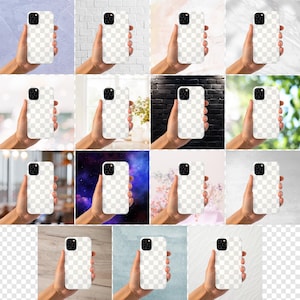 Peut inclure: Un collage de 12 images pr&eacute;sentant diff&eacute;rents &eacute;tuis de t&eacute;l&eacute;phone avec une vari&eacute;t&eacute; de fonds. Chaque &eacute;tui est blanc avec un panneau avant transparent et clair.