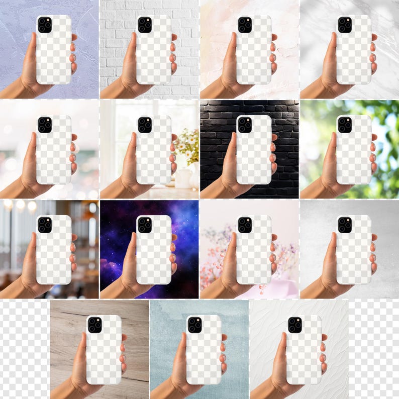 Peut inclure: Un collage de 12 images pr&eacute;sentant diff&eacute;rents &eacute;tuis de t&eacute;l&eacute;phone avec une vari&eacute;t&eacute; de fonds. Chaque &eacute;tui est blanc avec un panneau avant transparent et clair.