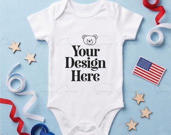 Baby Bodysuit Mockup | USA Patriotic Baby Onesie Mockup | White Baby Bodysuit JPG | 4th of July / American Flag Mockup | Print on Demand