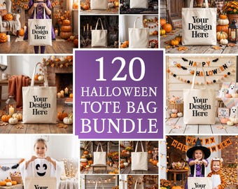120 Halloween Tote Bag Mockups Bundle | Fall Autumn Canvas Tote Mockup | Kids Trick or Treat Spooky Pumpkin POD JPG