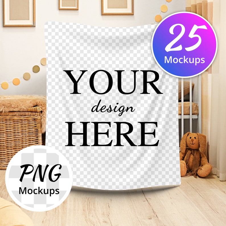 Puede incluir: Una manta blanca con el texto "YOUR design HERE" impreso en ella. La manta est&aacute; drapeada sobre una cuna de madera con un juguete de peluche sentado en el suelo junto a ella.