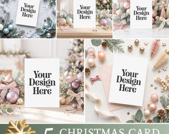 Pastel Christmas Card Mockup Bundle | 5x7 Holiday Invitation Mockup | Pink Christmas Greeting Card | Winter Stationery JPG Mockups