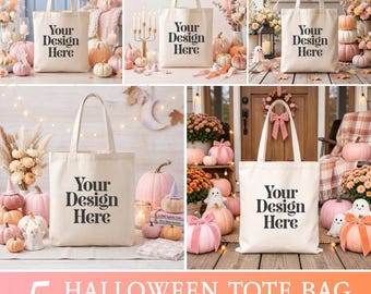 5 Pink Halloween Tote Bag Mockups Bundle | Pastel Spooky Canvas Tote | Cute Girly Pumpkin Mockup | Halloween POD Mockups JPG