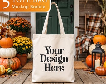 5 Halloween Tote Bag Mockups Bundle | Natural Canvas Tote Mockup | Fall Autumn Pumpkin & Gothic Spooky POD Mockups JPG