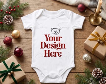 Christmas Baby Bodysuit Mockup | White Baby Onesie Mockup | Holiday Baby Clothes Flat Lay | Xmas Infant Romper | Christmas POD Mockup JPG