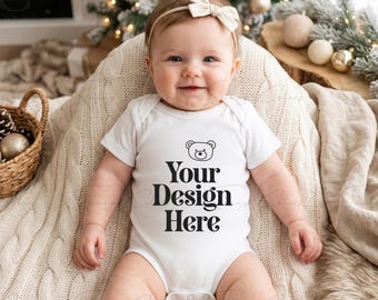 Christmas Baby Girl Onesie Mockup | White Baby Bodysuit Mockup | Baby Model with Bow | Neutral Holiday Infant Romper | POD JPG