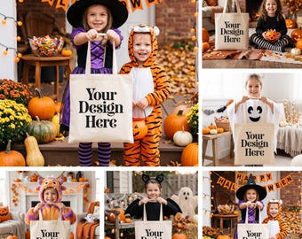 5 Kids Halloween Tote Bag Mockups Bundle | Child Trick or Treat Canvas Tote | Costume Ghost Pumpkin POD Mockups JPG
