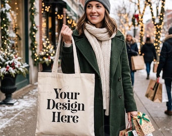 Christmas Tote Bag Mockup | Natural Canvas Tote Mockup | Winter Holiday Tote Bag | Woman Holding Tote | Cozy Xmas POD Mockup JPG