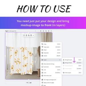 K&ouml;nnte beinhalten: Ein Screenshot eines Computerbildschirms, der eine Mockup einer Babydecke mit einem Blumenmuster zeigt. Der Bildschirm zeigt ein Men&uuml; mit Optionen zum Verschieben des Bildes in den Vordergrund, zum Verschieben in den Hintergrund und zum Anzeigen von Ebenen.