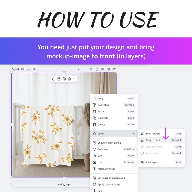 K&ouml;nnte beinhalten: Ein Screenshot eines Computerbildschirms, der eine Mockup einer Babydecke mit einem Blumenmuster zeigt. Der Bildschirm zeigt ein Men&uuml; mit Optionen zum Verschieben des Bildes in den Vordergrund, zum Verschieben in den Hintergrund und zum Anzeigen von Ebenen.