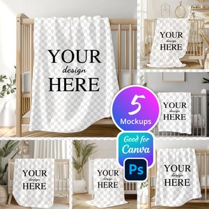 May include: Five mockups of a white baby blanket with a checkered pattern. The text "YOUR design HERE" is on each blanket. The mockups show the blanket in different settings, including a cot, a sofa, and a floor.
