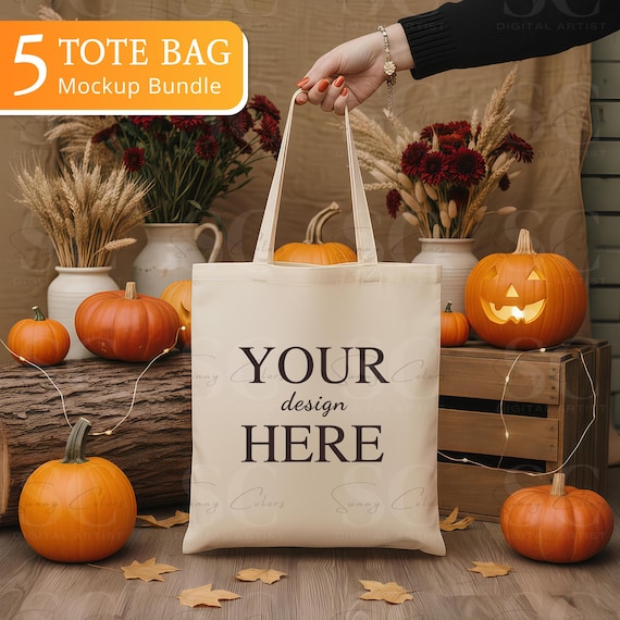 5 Fall Tote Bag Mockup Bundle, Autumn Lifestyle Natural Cotton Canvas Tote Bag Mockups, Shopping bag, Boho Minimal Mockups, Modern Mockups