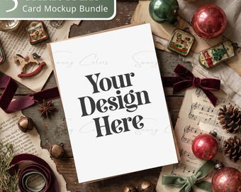 Vintage Christmas Card Mockup Bundle | 5x7 Holiday Card Mockup | Retro Christmas Invitation | Rustic Greeting Card JPG Mockups