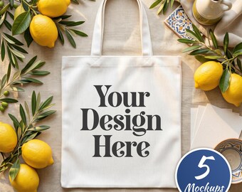 5x Mediterranean Tote Bag Mockup Bundle | Italian Summer Lifestyle Mockups | Coastal Tote Mockup | Canva Mockup | POD Tote Bag