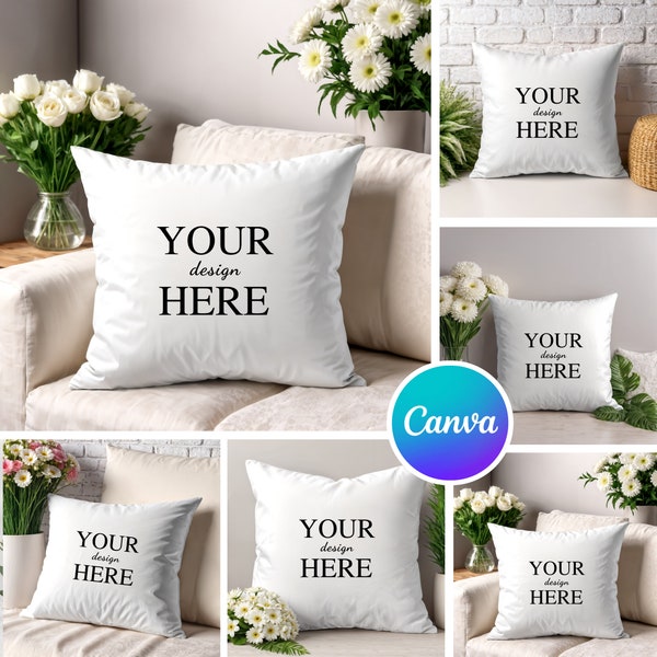 Pillow Mockup Bundle, White Throw Pillow Mockup Edit in Canva, Photoshop, 5 Mock up Bundle, Minimal Mockups, Modern Mockups