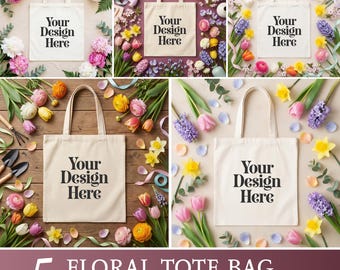 5x Spring Tote Bag Mockup Bundle | Summer Tote Mockups | Canvas Tote Bag Mockup JPG | Floral Lifestyle Mockup | Print on Demand Mockup