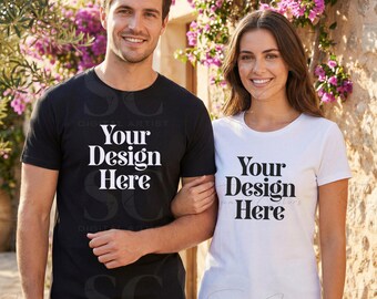 T-Shirt Mockup Couple | European Summer Mockup | White & Black T-Shirt Mockup | Vacation Lifestyle Mockup | Travel Shirt Mockup