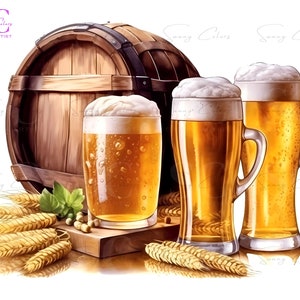 Paquete de imágenes prediseñadas de cerveza PNG - 20 JPG de acuarela Gráficos transparentes de cerveza, trigo y lúpulo Imágenes prediseñadas de verano, fabricación de tarjetas, uso comercial