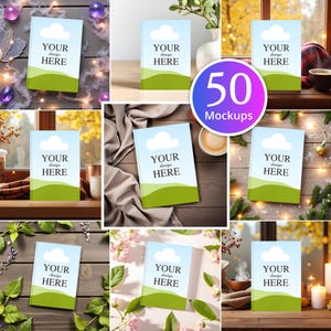 以下が含まれることがあります： 青い空と緑の風景のデザインが施された本のモックアップのコレクション。各本の表紙には「YOUR design HERE」という文字が入っています。円形のグラフィックには「50 Mockups」と書かれています。本はさまざまな環境に配置されています。