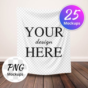 Puede incluir: Un tel&oacute;n de fondo blanco de tela con el texto "YOUR design HERE" impreso en &eacute;l. El tel&oacute;n de fondo est&aacute; drapeado sobre un suelo de madera y una pared blanca. Hay dos c&iacute;rculos con texto en la imagen. Un c&iacute;rculo dice "25 Mockups" y el otro dice "PNG Mockups".