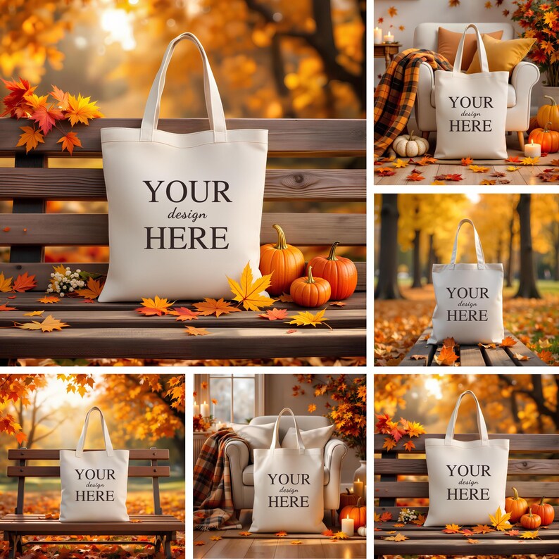May include: Cream-colored tote bag with the text "YOUR design HERE" in black. The bag is displayed on a wooden bench with pumpkins and fall leaves. The background features a blurred autumn scene with orange and yellow foliage.