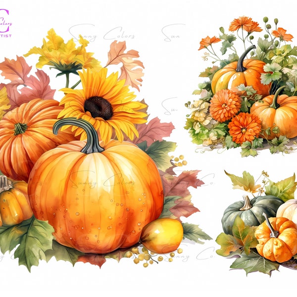 Pumpkin Clipart Bundle - 15 High Quality Watercolor - Autumn Harvest, Thanksgiving clipart, Pupkin decor, Country Farm, Farmhouse decor,