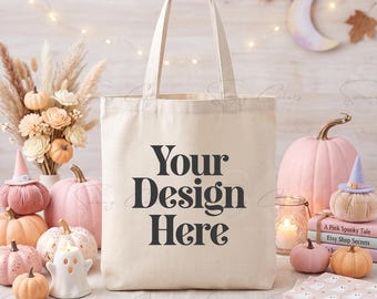Pink Halloween Tote Bag Mockup | Natural Canvas Tote Mockup | Pastel Spooky Pumpkin Bag | Cute Girly Halloween POD Mockup JPG