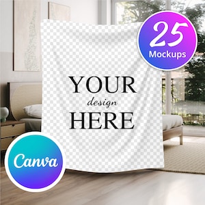 Puede incluir: Una maqueta de un tapiz blanco colgado en una pared de un dormitorio. El tapiz tiene el texto "YOUR design HERE" impreso en &eacute;l. Hay 25 maquetas disponibles.