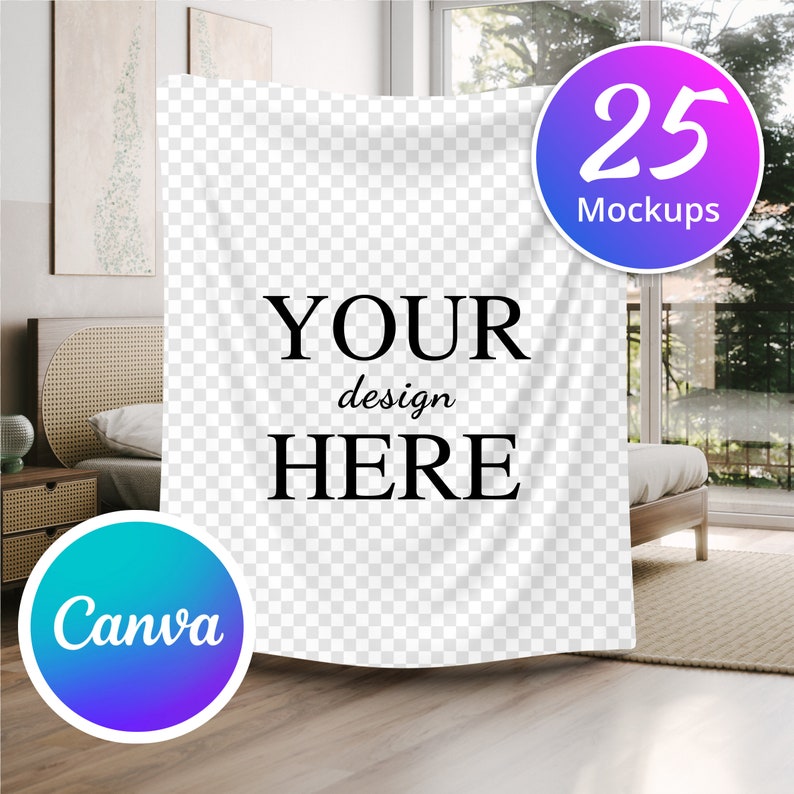 Puede incluir: Una maqueta de un tapiz blanco colgado en una pared de un dormitorio. El tapiz tiene el texto "YOUR design HERE" impreso en &eacute;l. Hay 25 maquetas disponibles.