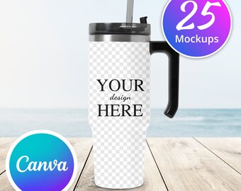 May include: A stainless steel tumbler with a black handle and a clear lid. The tumbler has a straw and says "YOUR design HERE".