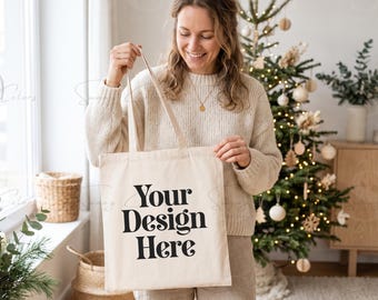Christmas Tote Bag Mockup | Natural Canvas Tote Mockup | Winter Holiday Tote Bag | Woman Holding Tote | Cozy Xmas POD Mockup JPG