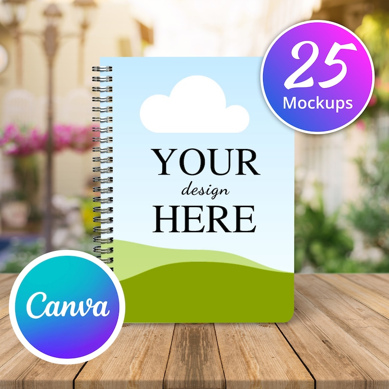 May include: A mockup of a spiral bound notebook with a blue sky, white cloud, and green hills design. The text "YOUR design HERE" is printed on the cover.